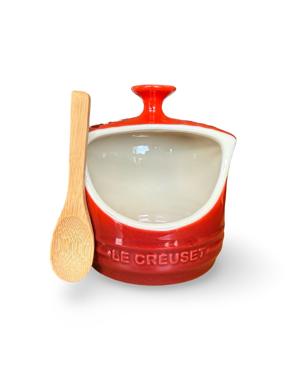 NWT Le Creuset Cerise Red Stoneware Salt Cellar / Salt Keeper with Bamboo Spoon